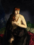 Retrato de mulher ruiva sentada, com manto escuro e joias douradas, em fundo escuro, por George Bellows