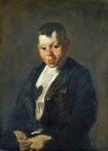 Retrato a óleo de um jovem sorrindo, pintado por George Bellows, com fundo escuro e expressão enigmática.