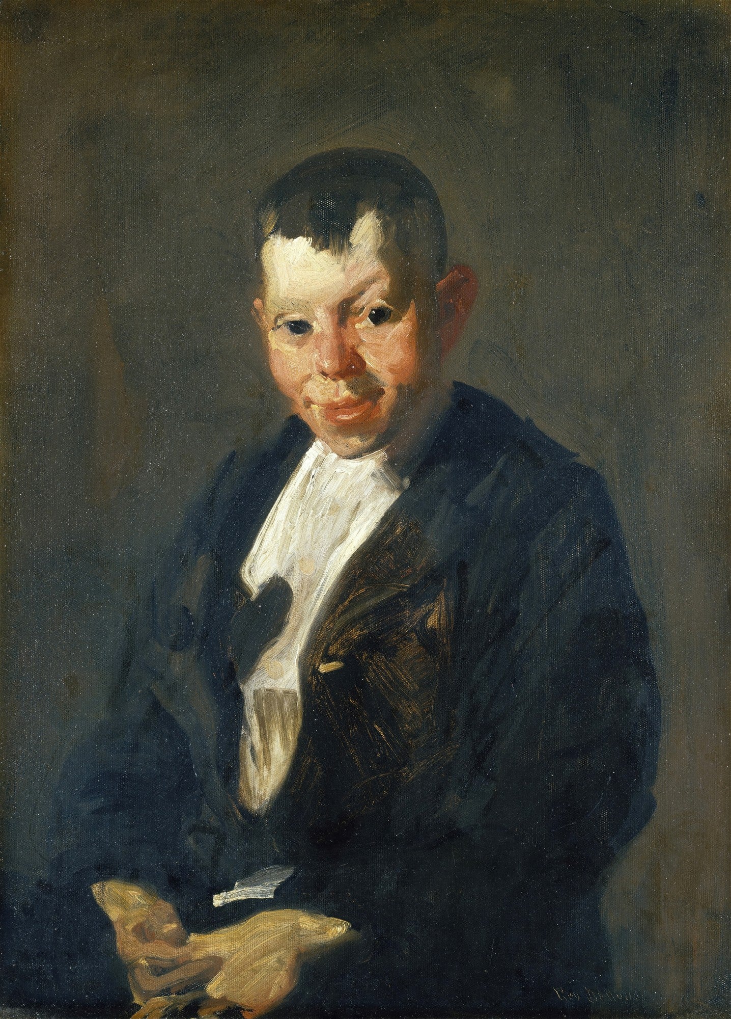 Retrato a óleo de um jovem sorrindo, pintado por George Bellows, com fundo escuro e expressão enigmática.