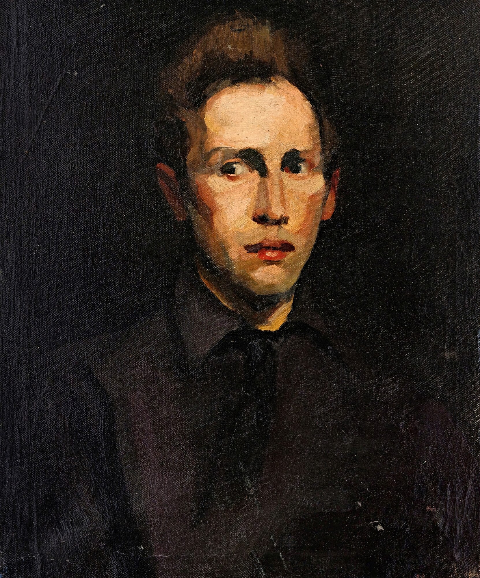Retrato a óleo de um jovem com cabelo castanho e rosto iluminado, emergindo de um fundo escuro, atribuído a George Bellows.