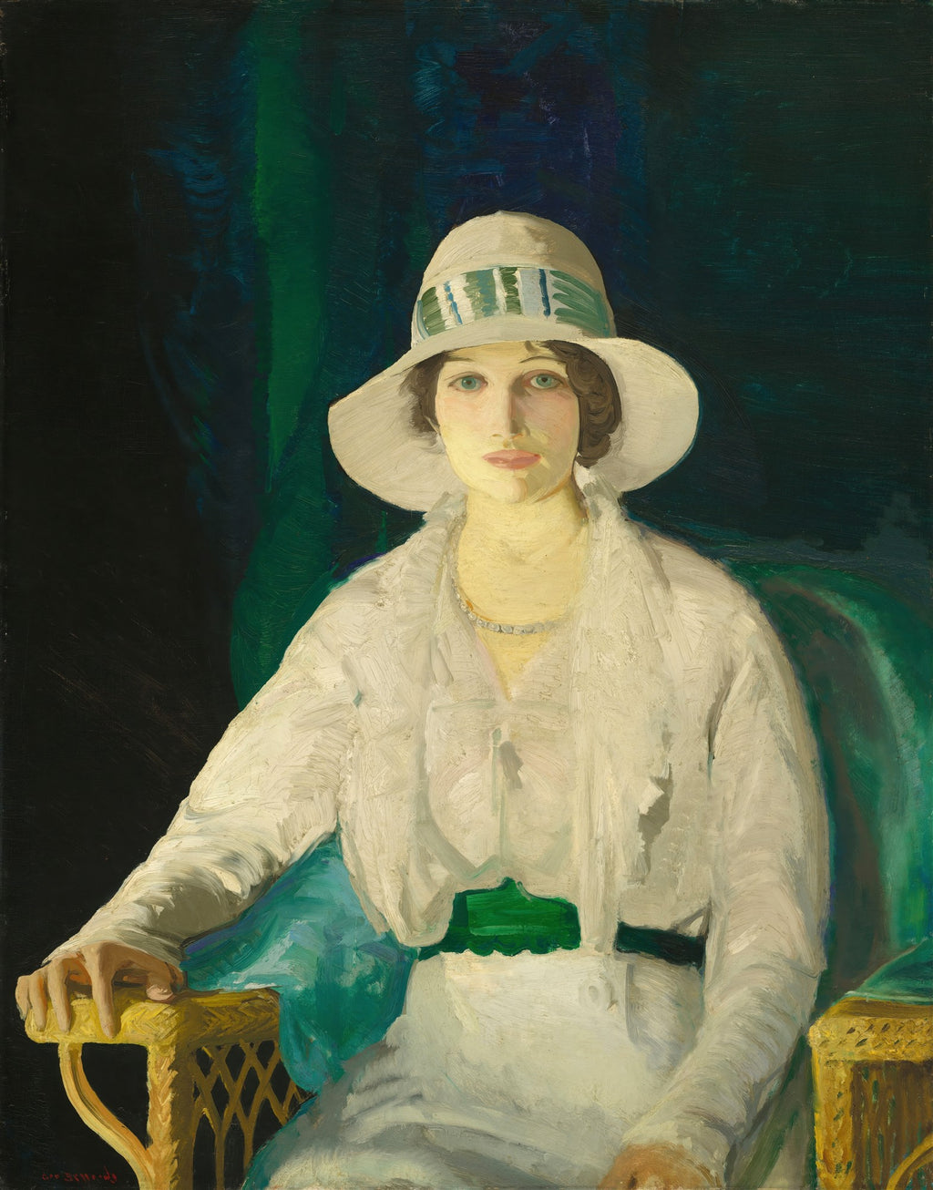 Retrato de mulher com chapéu branco e vestido branco, sentada em cadeira de vime, por George Bellows.