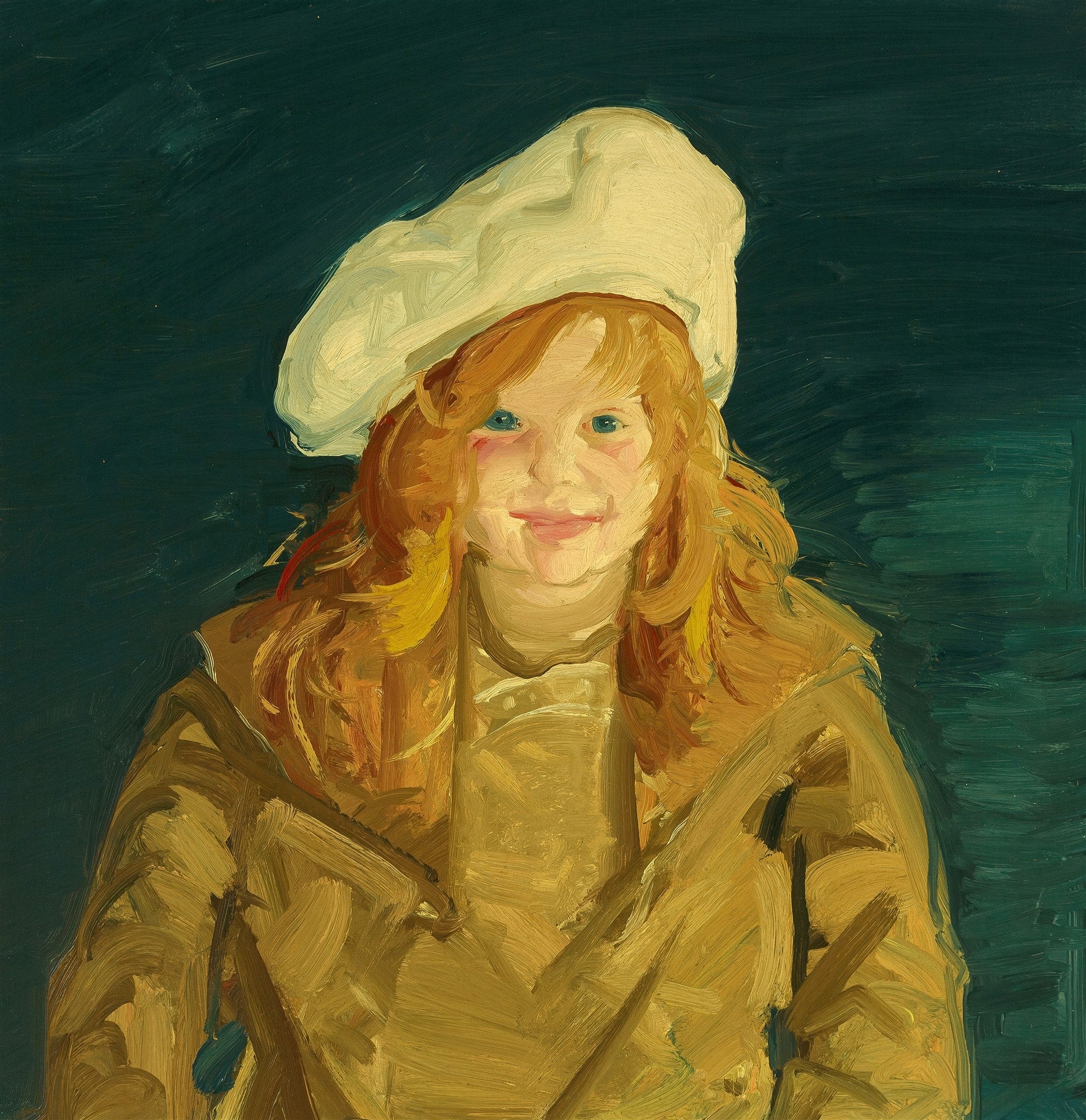 Quadro decorativo com retrato de uma menina de cabelos ruivos, olhos azuis, vestindo um casaco marrom e um chapéu branco grande, em estilo de pintura a óleo com fundo verde-azulado escuro. Obra atribuída a George Bellows.