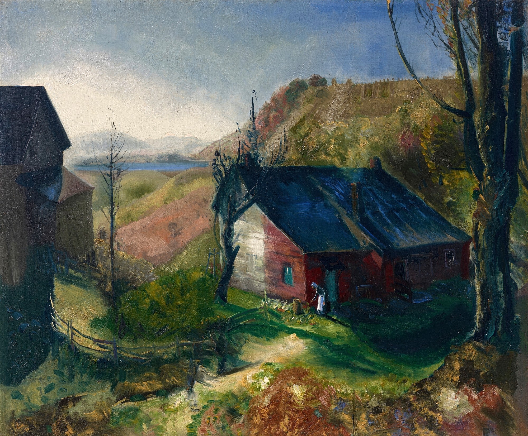 Quadro decorativo mostrando uma paisagem rural de outono com uma casa vermelha, uma figura feminina e um celeiro em primeiro plano, com montanhas e um lago ao fundo. Obra de George Bellows.