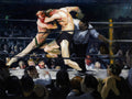 Quadro decorativo com pintura a óleo de George Bellows, 'Both Members of This Club', representando dois boxeadores lutando em um ringue, com um árbitro e a multidão ao redor. A cena é dramática e escura, com iluminação focada nos lutadores e espectadores.