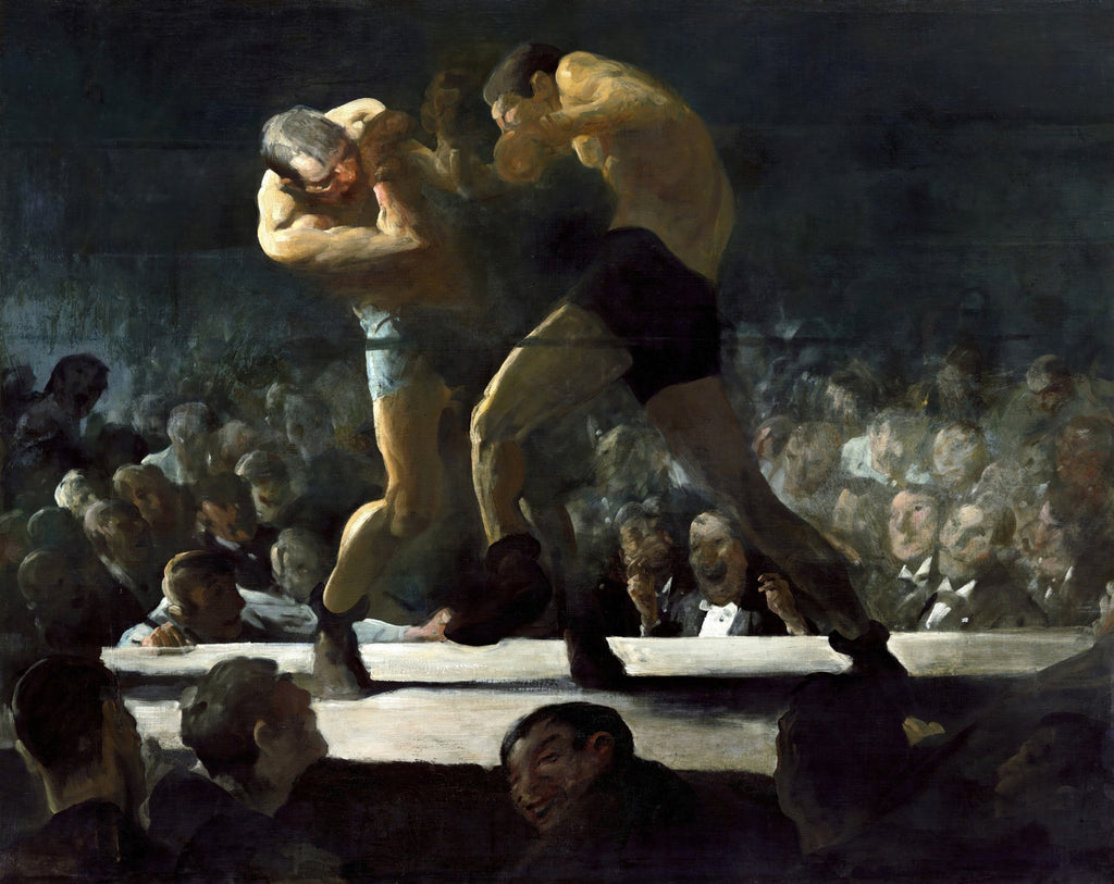 Quadro decorativo mostrando uma cena de luta de boxe intensa de George Bellows, com dois pugilistas em combate e uma multidão animada ao redor. Predominam tons escuros com foco nos lutadores.