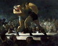 Quadro decorativo mostrando uma cena de luta de boxe intensa de George Bellows, com dois pugilistas em combate e uma multidão animada ao redor. Predominam tons escuros com foco nos lutadores.