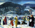 Pintura a óleo de George Bellows, cena de inverno com pessoas patinando e montanhas ao fundo, estilo realista e expressivo.