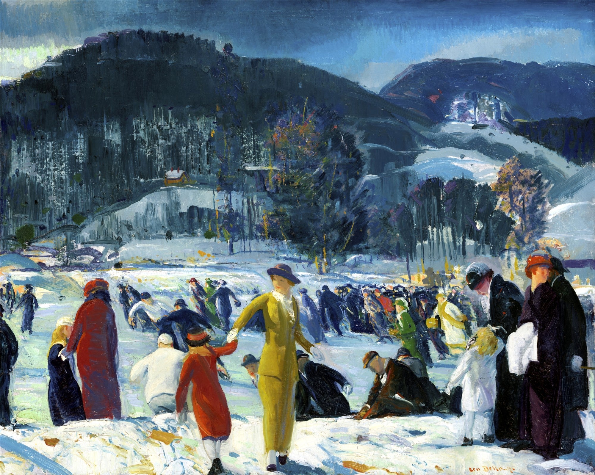 Pintura a óleo de George Bellows, cena de inverno com pessoas patinando e montanhas ao fundo, estilo realista e expressivo.
