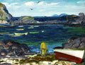 Quadro decorativo mostrando uma cena de porto pesqueiro com pinceladas grossas e vibrantes. Um homem de amarelo está na praia, barcos flutuam em um mar verde-azulado, e rochas escuras compõem a paisagem.