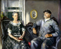 Quadro decorativo com um retrato de casal idoso, com uma mulher segurando um livro e um papagaio ao lado, em estilo realista de George Bellows.