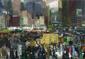 Quadro decorativo mostrando uma cena de rua de Nova York no inverno, com edifícios altos, carros de cavalos, pessoas e neve, em estilo realista e vibrante de George Bellows.