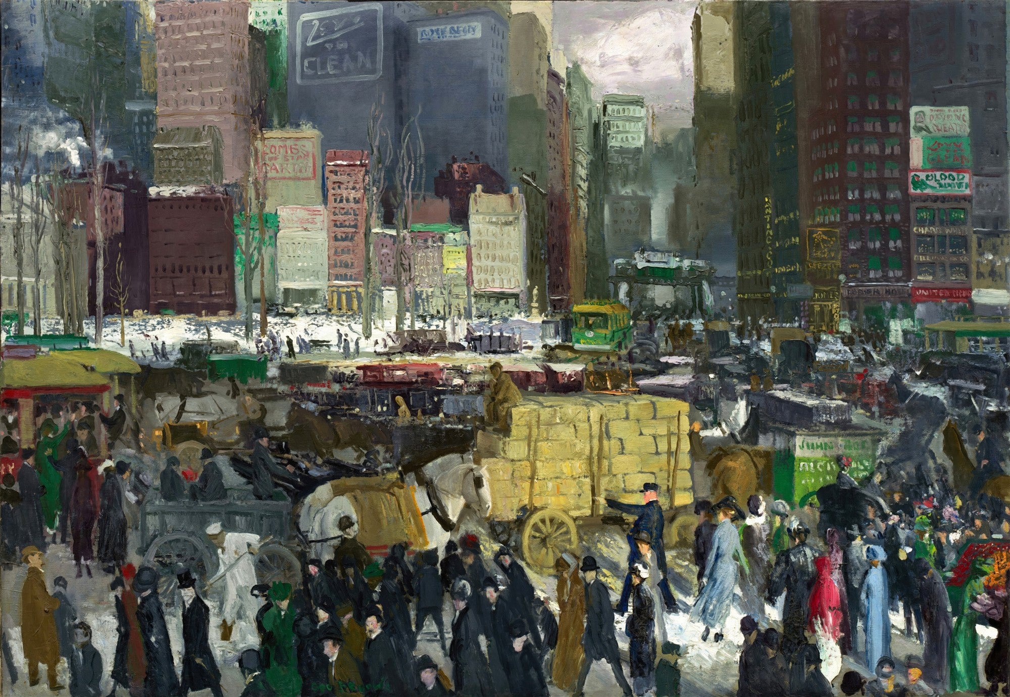 Quadro decorativo mostrando uma cena de rua de Nova York no inverno, com edifícios altos, carros de cavalos, pessoas e neve, em estilo realista e vibrante de George Bellows.