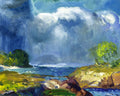 Pintura a óleo de George Bellows retratando um mar agitado sob um céu tempestuoso, com nuvens carregadas e rochas na costa