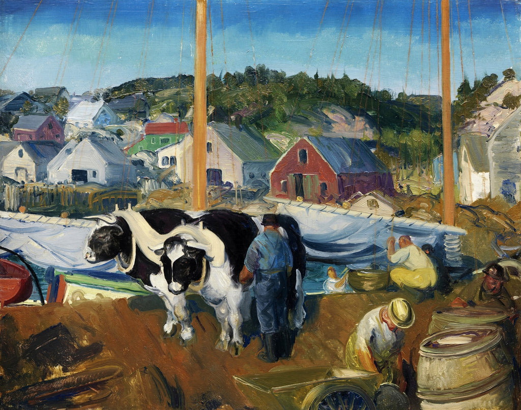 Pintura a óleo de George Bellows, 'The Bull Gang', retratando bois de carga e trabalhadores em um porto movimentado com casas coloridas ao fundo e um barco ancorado.