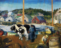 Pintura a óleo de George Bellows, 'The Bull Gang', retratando bois de carga e trabalhadores em um porto movimentado com casas coloridas ao fundo e um barco ancorado.