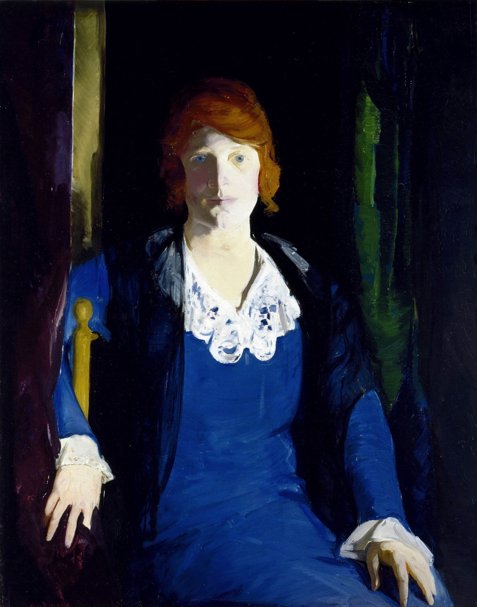 Retrato de uma mulher ruiva com vestido azul e gola branca, sentada, com iluminação dramática, fundo escuro. Obra de George Bellows, "My Lady".