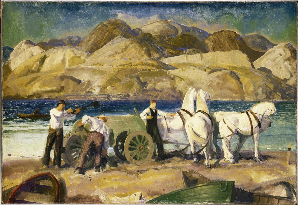 Quadro decorativo mostrando homens e cavalos brancos puxando uma carroça de pesca na praia, com montanhas e o mar ao fundo, obra de George Bellows.