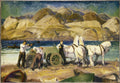 Quadro decorativo mostrando homens e cavalos brancos puxando uma carroça de pesca na praia, com montanhas e o mar ao fundo, obra de George Bellows.