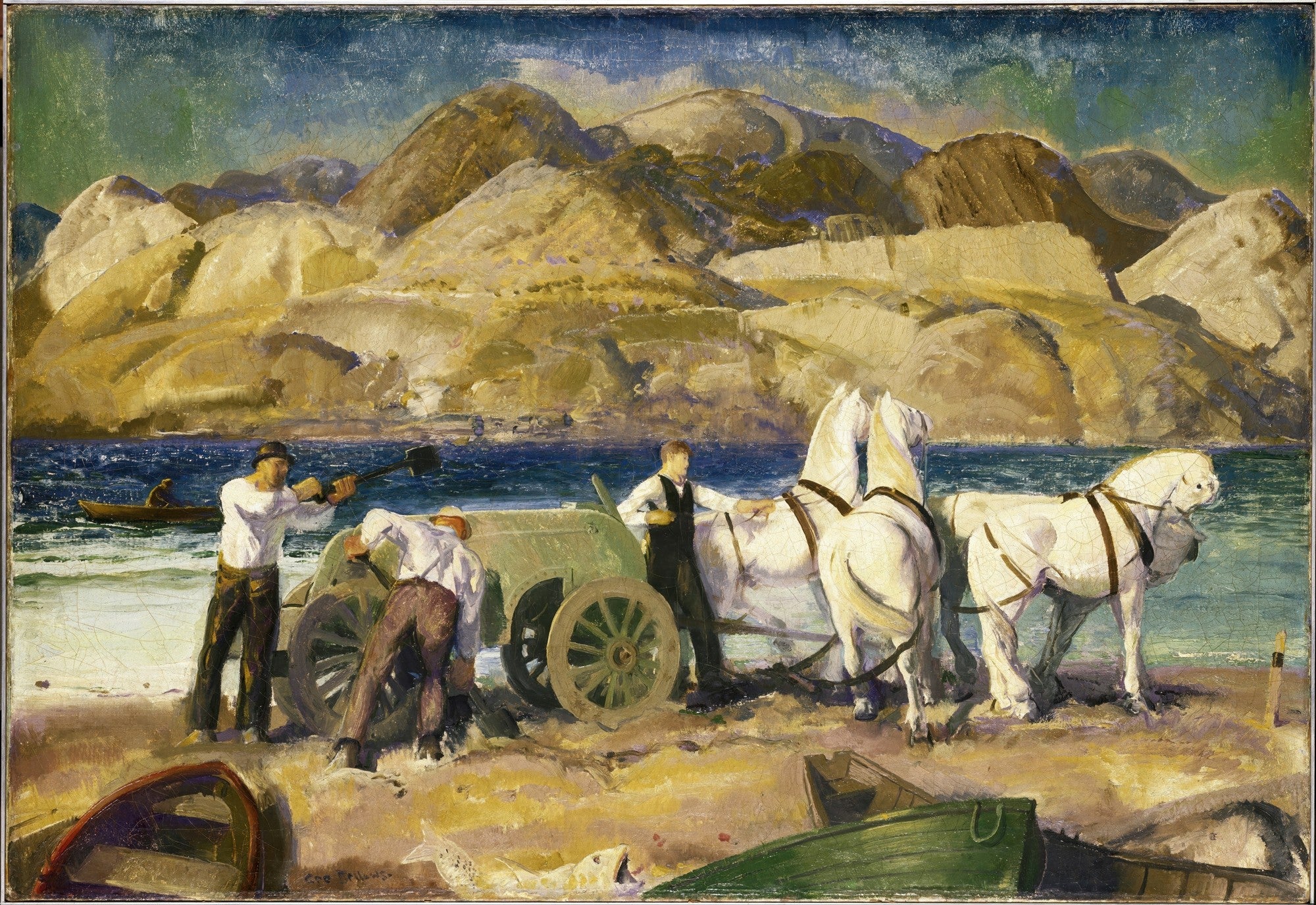Quadro decorativo mostrando homens e cavalos brancos puxando uma carroça de pesca na praia, com montanhas e o mar ao fundo, obra de George Bellows.