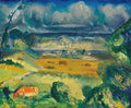 Quadro decorativo "The Coming Storm" de George Bellows, paisagem rural com campo dourado, vacas, casas ao fundo e um céu azul e cinza intensamente tempestuoso com nuvens carregadas.