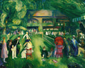 Quadro decorativo Tennis at Newport de George Bellows, retratando uma cena de tênis em um clube elegante, com pessoas vestidas com trajes de época verdes e brancos, sob árvores frondosas, em estilo vibrante e expressivo.