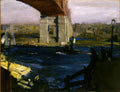 Pintura a óleo de George Bellows retratando a Ponte de Brooklyn com barcos no rio, céu nublado e a cidade ao fundo, em estilo realista urbano.