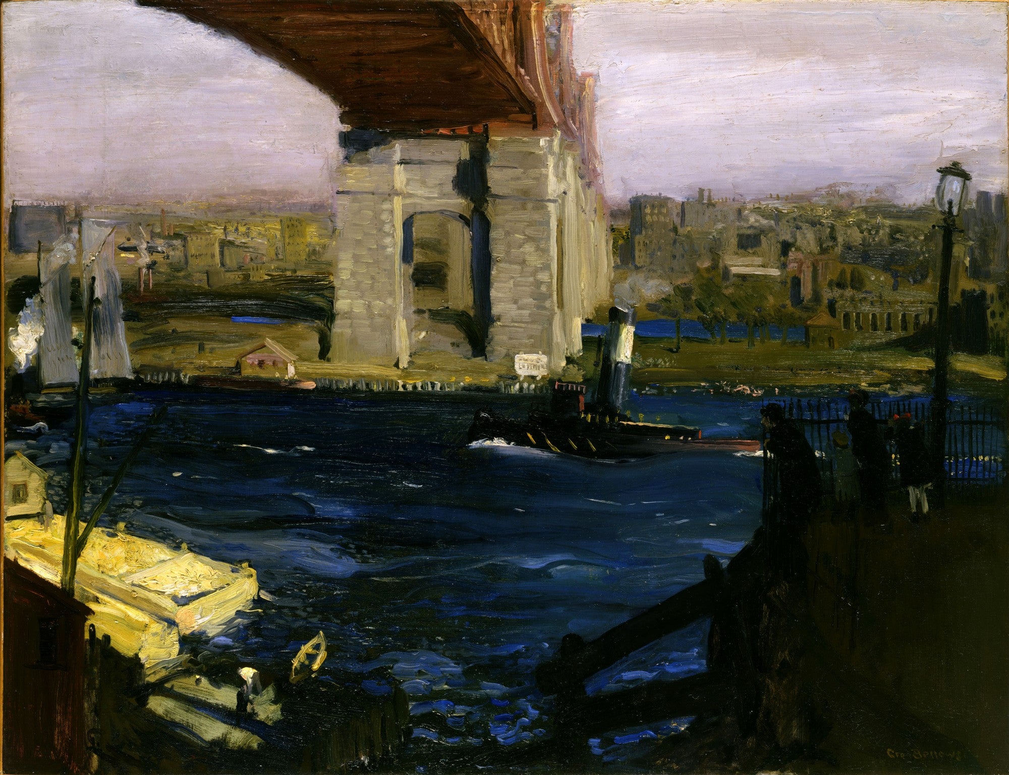 Pintura a óleo de George Bellows retratando a Ponte de Brooklyn com barcos no rio, céu nublado e a cidade ao fundo, em estilo realista urbano.