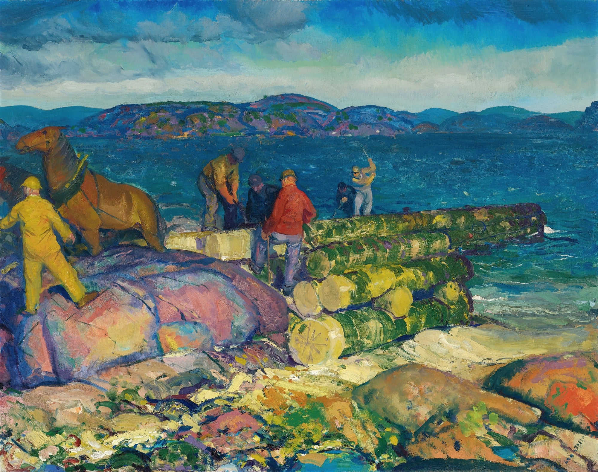 Pintura a óleo de George Bellows, 'The Log Jam', retratando homens e um cavalo trabalhando com toras de madeira à beira de um lago ou mar de águas turbulentas. As cores são vibrantes, com tons de azul, verde e ocre.