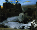 Pintura de George Bellows 'The Riverfront', retratando uma paisagem industrial escura ao entardecer com fumaça e neve, e figuras humanas pequenas trabalhando ou observando