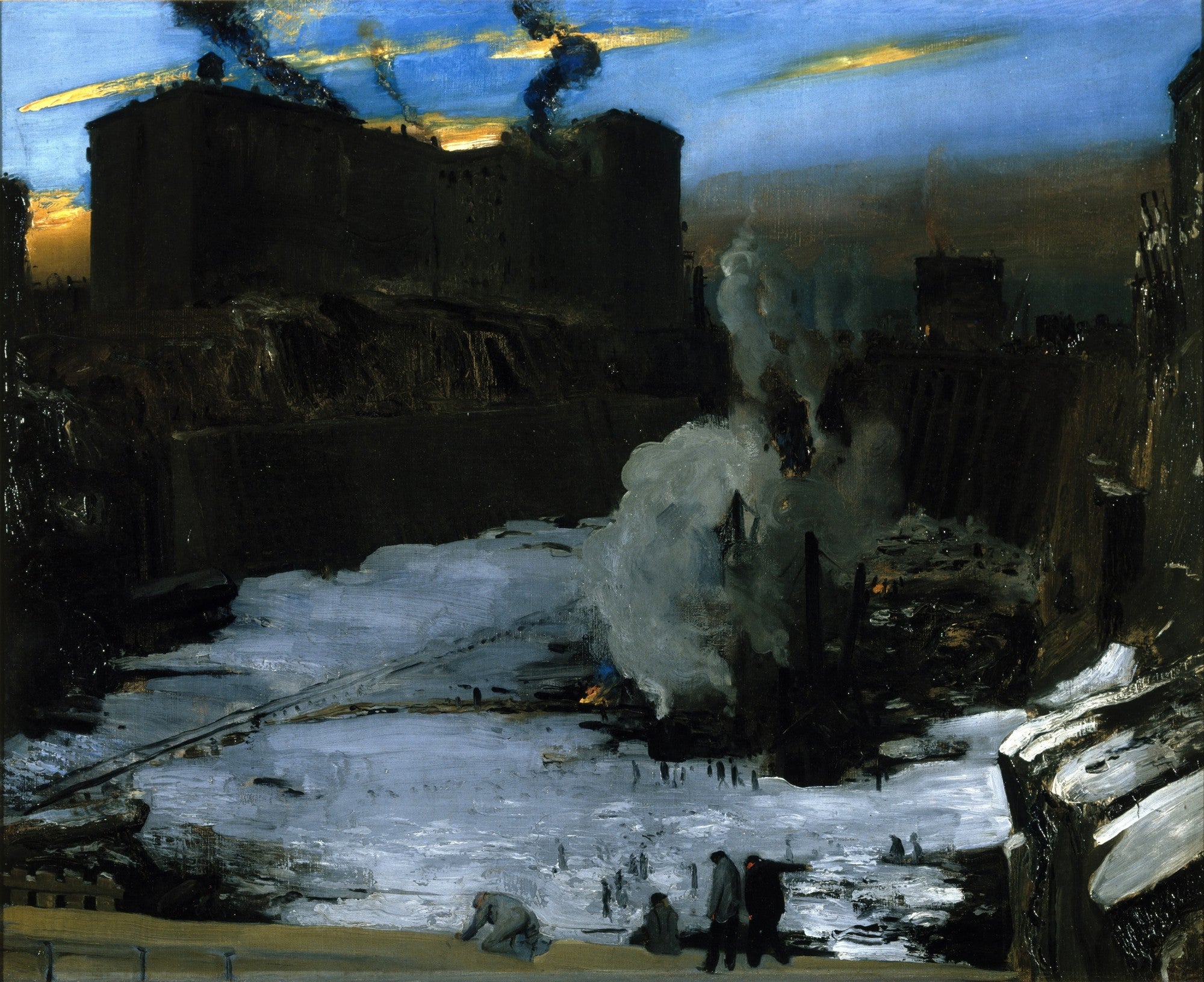 Pintura de George Bellows 'The Riverfront', retratando uma paisagem industrial escura ao entardecer com fumaça e neve, e figuras humanas pequenas trabalhando ou observando