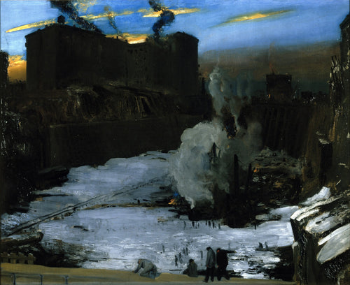 Pintura de George Bellows 'The Riverfront', retratando uma paisagem industrial escura ao entardecer com fumaça e neve, e figuras humanas pequenas trabalhando ou observando