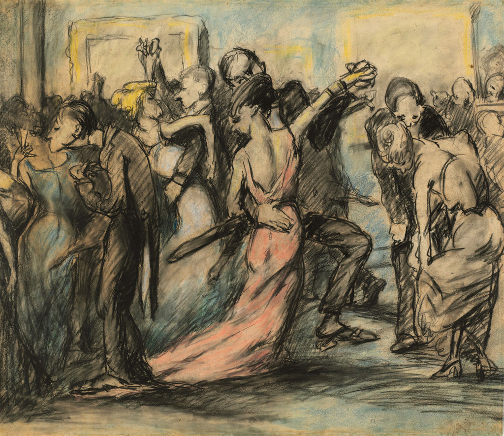 Quadro decorativo com ilustração de George Bellows, 'A Dança (Estudo)', mostrando casais dançando em um baile, com traços expressivos em carvão e pastel, tons terrosos e detalhes em rosa e azul.