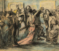 Quadro decorativo com ilustração de George Bellows, 'A Dança (Estudo)', mostrando casais dançando em um baile, com traços expressivos em carvão e pastel, tons terrosos e detalhes em rosa e azul.