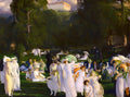 Quadro decorativo 'Summer Day' de George Bellows, representando um grupo de pessoas elegantemente vestidas em um parque verde sob a luz do sol, com árvores frondosas e um edifício à distância.
