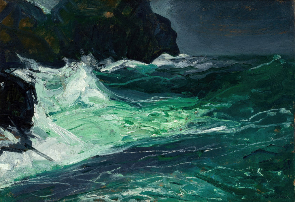 Quadro decorativo com pintura de George Bellows mostrando ondas turbulentas quebrando em rochas escuras, com tons de verde-mar e branco espumante.
