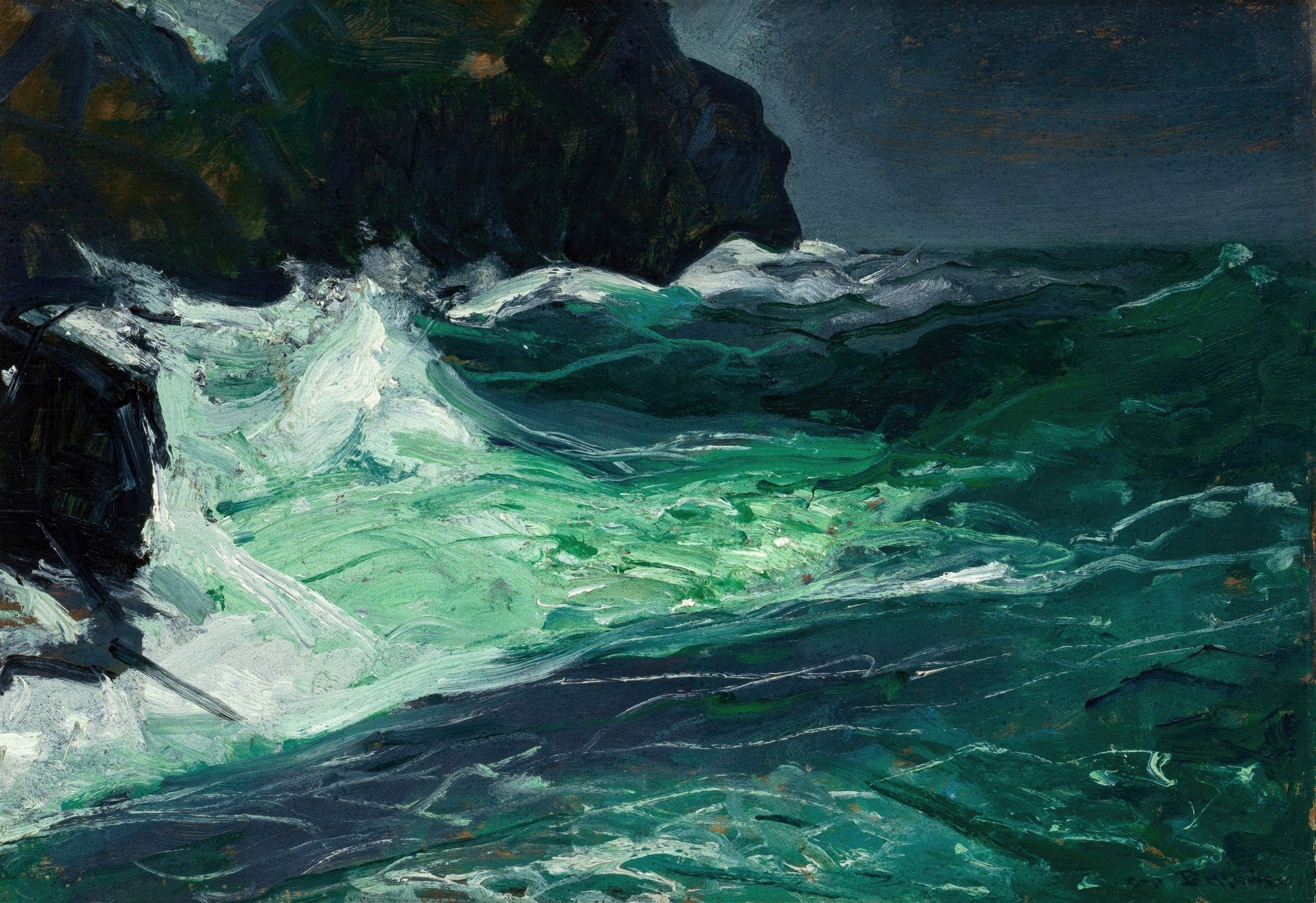 Quadro decorativo com pintura de George Bellows mostrando ondas turbulentas quebrando em rochas escuras, com tons de verde-mar e branco espumante.