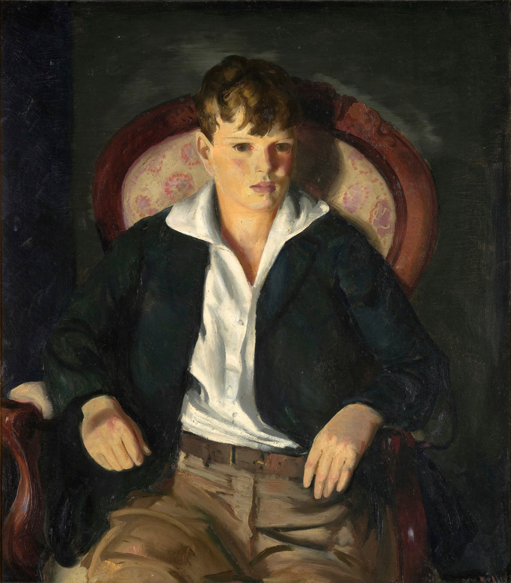Retrato a óleo de um jovem sentado em uma poltrona, com cabelo castanho, camisa branca aberta e paletó escuro, ao estilo de George Bellows.