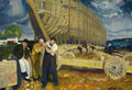 Quadro decorativo mostrando a pintura 'Men of the Docks' de George Bellows, com trabalhadores construindo um grande navio de madeira em um porto, sob um céu dramático.