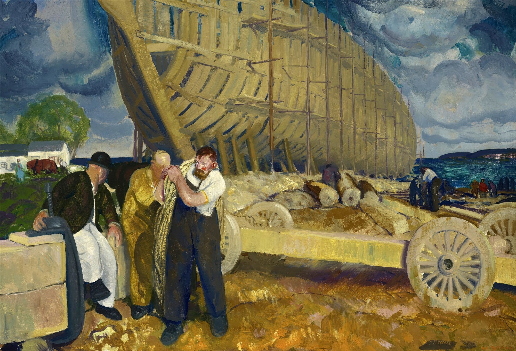 Quadro decorativo mostrando a pintura 'Men of the Docks' de George Bellows, com trabalhadores construindo um grande navio de madeira em um porto, sob um céu dramático.
