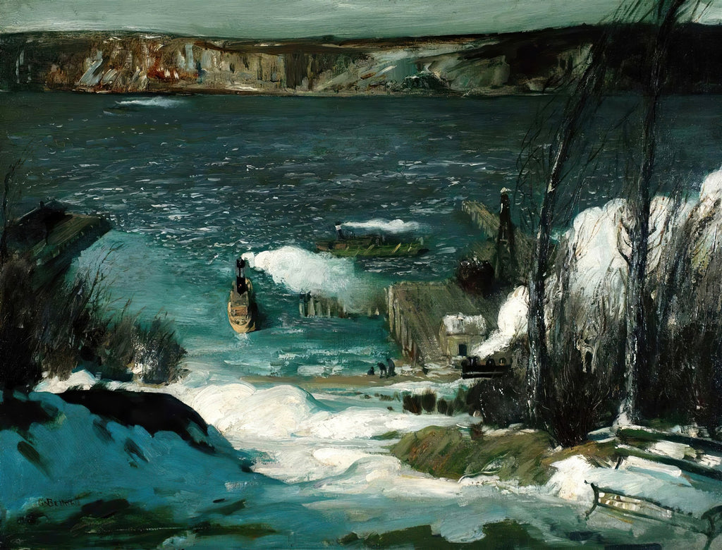 Pintura a óleo de George Bellows, 'Ice Floes', mostrando um rio com blocos de gelo, barcos a vapor e margens com árvores escuras sob um céu nublado.