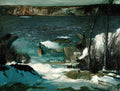 Pintura a óleo de George Bellows, 'Ice Floes', mostrando um rio com blocos de gelo, barcos a vapor e margens com árvores escuras sob um céu nublado.