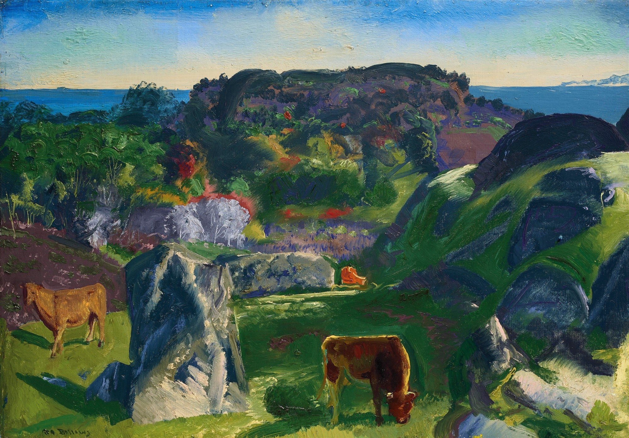 Quadro decorativo paisagem de George Bellows com colinas verdes, gado marrom, rochas e mar ao fundo