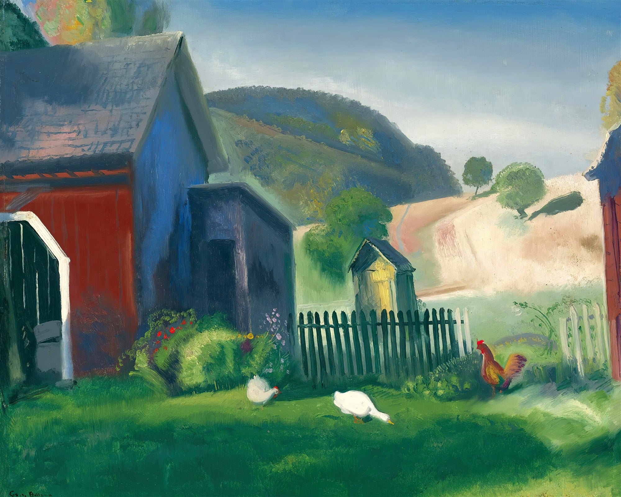 Quadro decorativo mostrando uma cena rural vibrante com celeiros, um galinheiro e aves no gramado verde, montanhas ao fundo, estilo de George Bellows.