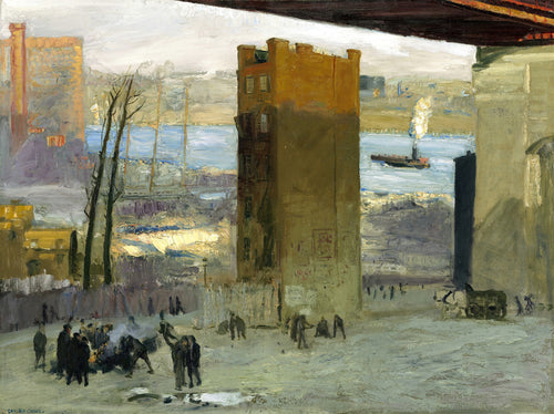 Pintura a óleo de George Bellows retratando uma cena urbana invernal sob uma ponte, com trabalhadores em torno de uma fogueira e edifícios industriais ao fundo, e um rio com barcos.