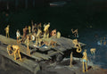 Quadro decorativo "42 Kids" de George Bellows, retratando um grupo de crianças e adolescentes nadando e brincando em um cais ao entardecer, com tons escuros na água e corpos iluminados.