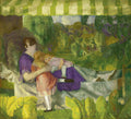 Quadro decorativo com pintura de George Bellows, mostrando uma mulher sentada sob um toldo verde e branco, abraçando uma criança, com outra criança deitada em seu colo, em um ambiente externo com folhagens verdes ao fundo.