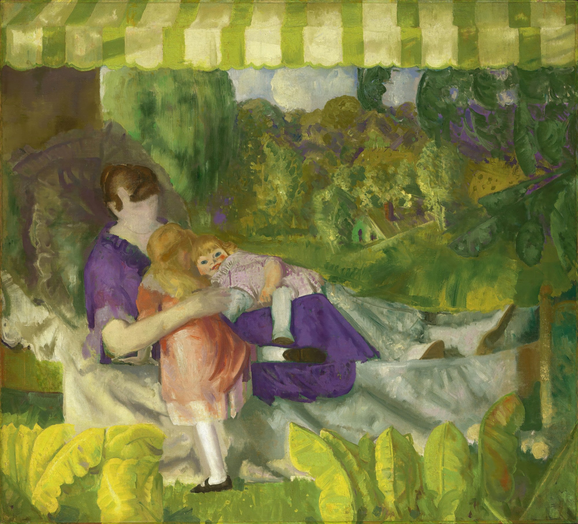 Quadro decorativo com pintura de George Bellows, mostrando uma mulher sentada sob um toldo verde e branco, abraçando uma criança, com outra criança deitada em seu colo, em um ambiente externo com folhagens verdes ao fundo.