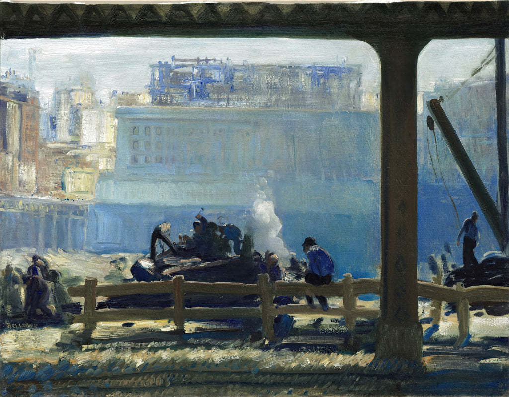 Quadro decorativo 'Blue Morning' de George Bellows, mostrando uma cena industrial urbana azulada com figuras trabalhadoras e fumaça ao longe, sob uma estrutura escura.