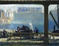 Quadro decorativo 'Blue Morning' de George Bellows, mostrando uma cena industrial urbana azulada com figuras trabalhadoras e fumaça ao longe, sob uma estrutura escura.
