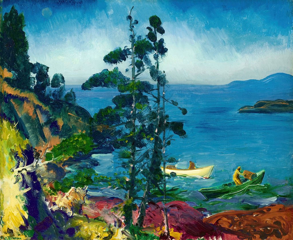 Pintura a óleo de George Bellows mostrando pescadores em botes no mar azul, com falésias verdes e árvores altas em primeiro plano, sob um céu parcialmente nublado.